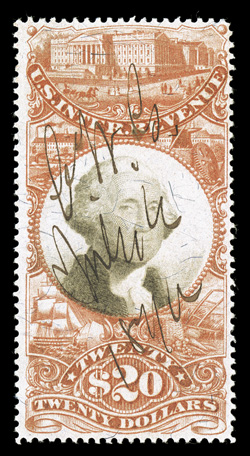 R150, $20.00 Orange and black, nicely centered, warm color, neat ms. cancel, very fine 2001 PF certificate.