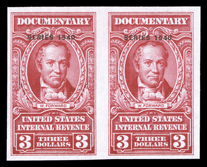 R302a, $3.00 Carmine with Series 1940 overprint, imperforate, without gum as issued, horizontal pair, brilliantly fresh, large margins, extremely fine and
scarce.