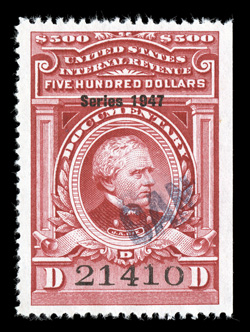 R484, $500.00 Carmine, Series 1947, gem used single, perfectly centered within wide margins, brilliantly fresh, small handstamp cancel, extremely fine 2003 PSE certificate
(XF-Superb 95).