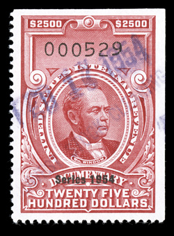 R685, $2,500.00 Carmine, Series 1954, exceptionally well centered uncut used example, large balanced margins all around, violet handstamp cancel, extremely fine ex-Lyons,
Floyd.