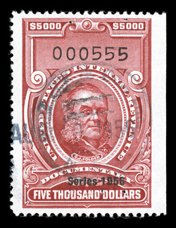 R704, $5,000.00 Carmine, Series 1956, exceptionally well centered within incredibly wide margins, lovely bright color, handstamp and cut cancels, extremely fine a pleasing
example of this scarce revenue.
