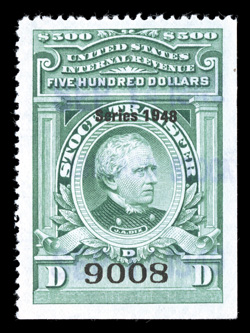 RD282, $500.00 Bright green, Series 1948, wonderfully well centered within uncommonly large margins, exceedingly fresh, very light handstamp cancel, extremely fine 2002 PSE
certificate (XF 90).