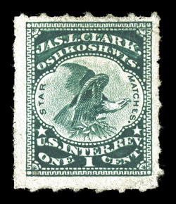 RO63d, Jas. L. Clark, 1c Green, watermarked, rouletted, single showing full roulettes on three sides and partial roulettes at left, intense color, small faults, fine appearance
and rare only 30 examples recorded in the Aldrich census.