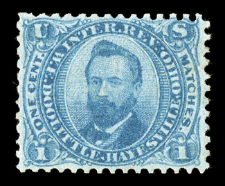 RO71a, W.E. Doolittle, 1c Blue, an exceedingly scarce sound example, well centered for this difficult issue, bright color on crisp clean paper, very fine and choice only 51
examples recorded in the Aldrich census, 28 of which are sound.