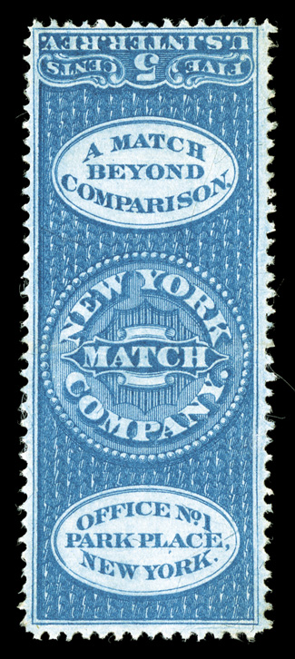 RO139b, New York Match Co., 5c Blue, silk paper, a desirable example of this very rare denomination, luxuriant color on particularly fresh paper, shallow thinned spots, which
is quite trivial considering how faulty these can come, fine appearanc