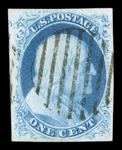 7, 1c Blue, Ty. II, large perfectly symmetrical margins all around, bright color and impression, neat crisp strike of a circular grid cancel, extremely fine 2000 PF certificate
ex-Hinrichs.