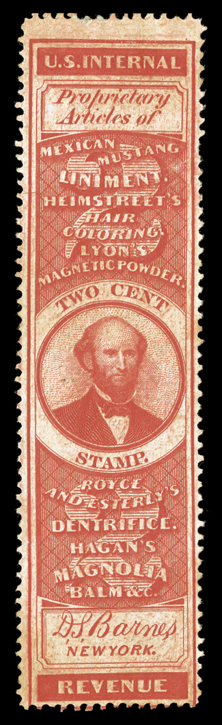 RS16a, D.S. Barnes, 2c Vermilion, gloriously rich color, some toning areas on reverse which are not readily apparent on the face, two thinned perfs. at top, fine appearance and
quite scarce.