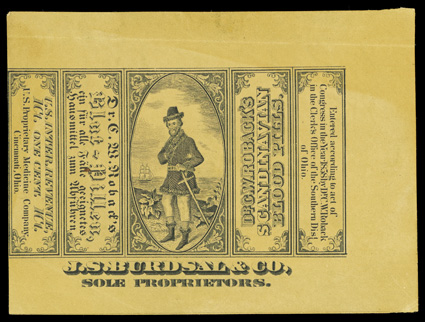 RS45d, J.S. Burdsal & Co., 1c Black wrapper, orange paper, watermarked, an especially handsome and choice example of this striking issue, three full margins, close at left as
apparently always, horizontal crease and small thin from a hinge, both