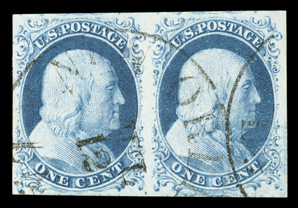 7, 1c Blue, Ty. II, highly desirable used horizontal pair, with full to mostly large margins all around, marvelously bright and fresh, light New Orleans c.d.s. cancels,
extremely fine an uncommonly choice pair.