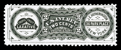 RS120d, J.E. Hetherington, 2c Black, watermarked, fresh example of this very scarce stamp, rich color on clean paper, centered a bit to upper left, tiny thinned spot, fine
appearance only 36 copies recorded in the Aldrich census.