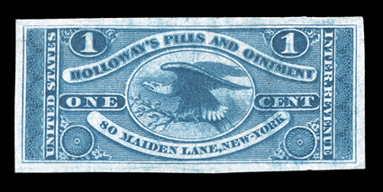 RS125a, Holloways Pills and Ointment, 1c Blue imperforate, attractive single, with large even margins all around, vivid rich color on fresh white paper, faint crease and
shallow thinned spot, extremely fine appearance only 43 examples record