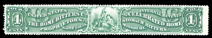 RS130d, The Home Bitters Co., 4c Green, watermarked, an impressive completely sound example of this very scarce and difficult stamp, remarkably well centered, deep rich color
on immaculate white paper, choice very fine among the nicest of the f