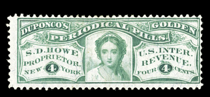 RS136b, S.D. Howe, 4c Green, silk paper, centered a bit to upper right, mint with full o.g., h.r., tear in the margin at bottom left, fine appearance and quite scarce only 38
copies recorded in the Aldrich census.