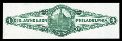 RS146d, Dr. D. Jayne & Son, 4c Green imperforate, watermarked, gorgeous example with uncommonly large even margins all around, luxuriant color on fresh white paper, pressed-out
vertical crease at left, extremely fine appearance only 52 copies