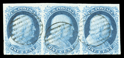 7, 1c Blue, Ty. II, positions 7-9L1E, lovely used horizontal strip of three, mostly large margin around, close to just touching at bottom, rich bright color, light grid cancels,
very fine ex-Rust, Grunin.