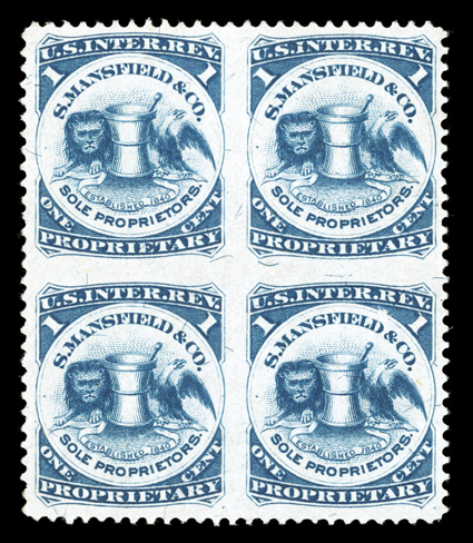 RS174jb, S. Mansfield & Co., 1c Blue imperforate between, silk paper, block of four, excellent centering and very fresh, bottom left stamp with a thinned spot, otherwise
extremely fine and handsome.
