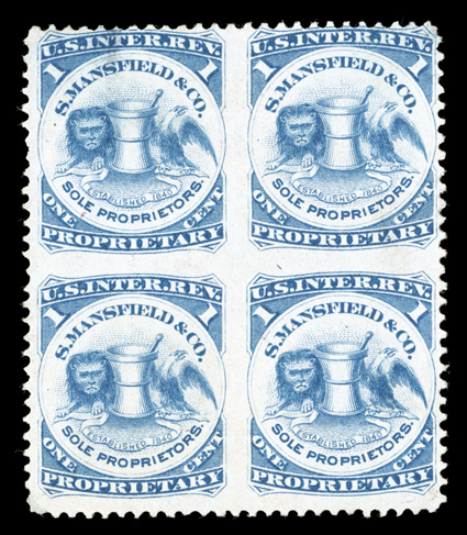 RS174jc, S. Mansfield & Co., 1c Blue imperforate between, pink paper, block of four, bright color, thinned spots, owners handstamp on back of each, fine appearance and quite
rare only 25 blocks recorded in the Aldrich census.