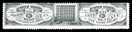 RS244a, United States Proprietary Medicine Co., 6c Black, good color, centered to top, thinned at left and right, very good appearance one of the rarer Medicine stamps, with
only 20 copies recorded in the Aldrich census.
