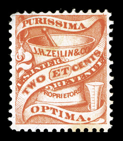 RS275b, J.H. Zeilin & Co., 2c Red, silk paper, a fresh example of this very rare stamp, attractively centered, rich color, thinned at top left, fine appearance a mere 22 copies
are recorded in the Aldrich census.