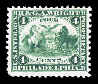 RT25d, R. & G.A. Wright, 4c Green, watermarked, scarce sound example, fresh and well centered, deep verdant color on crisp clean paper, very fine.