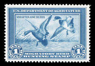 RW1, 1934 $1.00 Blue, very well centered within especially large margins, rich fresh color, o.g., n.h., extremely fine 1999 PF certificate.