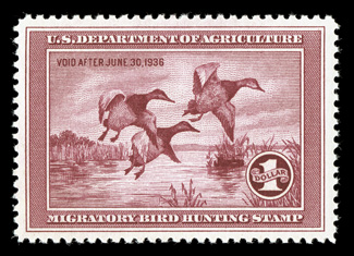 RW2,1935 $1.00 Rose lake, exceedingly well centered within large margins, bright color, o.g., n.h., extremely fine 1998 PF certificate for a block of four, this being the
bottom left stamp.