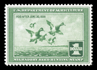 RW4, 1937 $1.00 Light green, exceptionally well centered and margined, strong rich color, o.g., n.h., extremely fine 2007 PSE certificate (XF 90 SMQ $580.00).