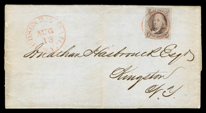 1, 5c Red brown, four ample to mostly large margins, strong color and impression, tied by red 17-bar grid to 1849 folded letter to Kingston, N.Y., matching Hudson River
MailN.Y.Aug 13 postmark at left, cover slightly toned, still ver