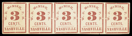 4AX1, Nashville, Tenn., 3c Carmine, without gum as issued, horizontal strip of five comprising the complete setting, full margins around, bright color, a few small thin spots,
otherwise very fine.