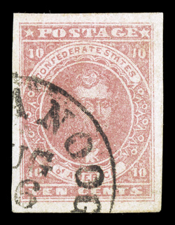 5, 10c Rose, used, four large margins, fresh color, neat portion of a Chattanooga c.d.s., faint trace of a corner crease at top right, otherwise extremely fine clear 1988 PF
certificate.