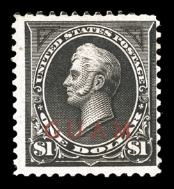 13, $1.00 Black, Ty. II, special printing, centered to right, but with perforations clearing the design, intense color, disturbed o.g., fine and rare.