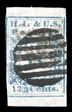 4, 13c Blue on pelure paper Missionary, Ty. II, H.I. & U.S. Postage, Type I, gigantic margins at top and bottom, full margin at right and a large part of the frame line showing
at left, strong color and impression, slight kiss print at top