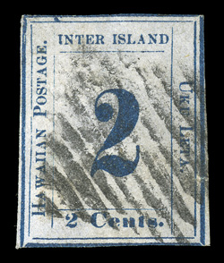 17, 2c Dark blue on bluish, Plate 5-B, Type 1, Position 1, ample margins to just into the frame lines, strong color and impression, grid cancel, small filled thin spots and a
tiny tear in the right margin, a fine appearing example of this rare s