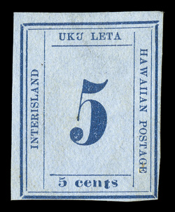 22, 5c Blue on blue, Plate 12-A, Type VIII, Position 7, unused, clear to huge margins all around, strong color on fresh paper, negligible light soiling, otherwise fine 2003 PSE
certificate.