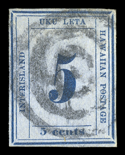 22, 5c Blue on blue, Plate 12-A, Type I, Position 10, used with target cancellation, ample even margins all around, small diagonal creases at top left, fine appearance 2005 PF
certificate.
