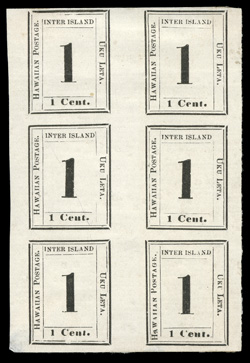 23, 1c Black on laid paper, rare mint block of six, positions 5-10 (Types V-X) from plate 8-A, large margins, quite fresh, original gum, h.r.s, bottom two stamps each with a
thin mostly in the margin, otherwise extremely fine and handsome 2008