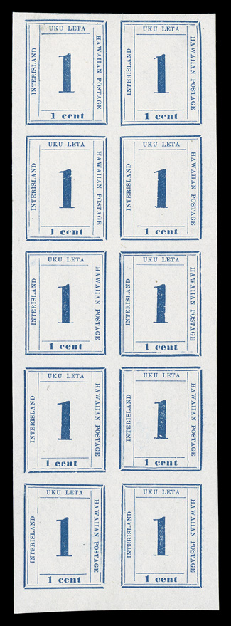 25, 1c Dark blue, unused block of ten comprising the full setting of Plate 11-A, remarkably bright and fresh, two horizontal creases, one of which is mostly between the second
and third rows, some faint and trivial soiling at top left, extremely