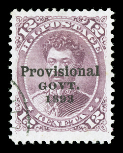 69, 12c Red lilac Provisional Govt. issue, well centered within large margins, strong color and sharp impression on fresh paper, light c.d.s. confined to the bottom left
corner, choice very fine 2009 PF certificate.
