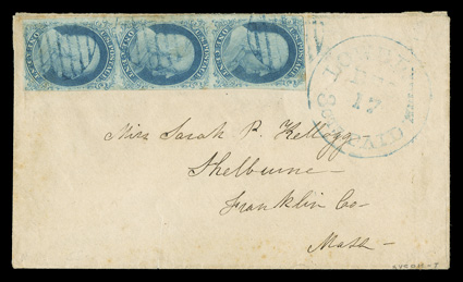 7, 1c Blue, Ty. II, vertical strip of three from Plate One Early, lovely bright shade, large margins all around except just in at top., tied by light blue grids with matching
Lowell, Mass. c.d.s. on small 1851 cover to Shelbourne, Mass., top sta
