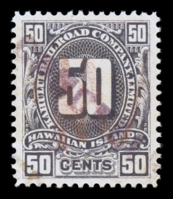 50c Purple Kahului Railroad Company parcel stamp, a superb used example that is perfectly centered within wide margins, rich color, light purple cancel, extremely fine 2009 PF
certificate.