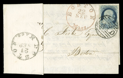 7, 1c Blue, Ty. II, single with mostly large margins tied by large Paid in grid on printed 1857 notice of the Boston Theater, which was originally sent stampless, the cover was
then turned and used with short ms. note, cover folded to show