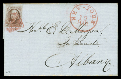 1, 5c Red brown, single with large to huge margins all around, including showing the frame line from the adjacent stamp at top, good color and fine impression, tied by square
grid to immaculate 1851 Hudson River R.R. Office folded letter to Alba