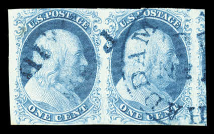 7-8A, 1c Blue, Ty. II-IIIa, positions 71-72LE, the left stamp being Type II (double transfer, one inverted) and the right stamp Type IIIa, close at top, other three margins
exceedingly large, fresh color, blue c.d.s. cancel, light toned spot