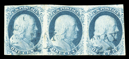 7-8A, 1c Blue, Ty. II-IIIa combination, horizontal strip of three, positions 55-57R1E, the left stamp Type II, the other two stamps Type IIIa, two large margins, just in at
right and bottom, fresh color, light blue town cancels, light crease