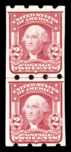 320, 2c Carmine imperforate, Brinkerhoff Ty. I perforations, very scarce guide line pair, particularly well centered, o.g., very fine 1997 APS certificate
ex.-Agris.