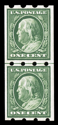 343, 1c Green imperforate, Brinkerhoff Ty. I perforations, fresh guide line pair, o.g., l.h., very fine.