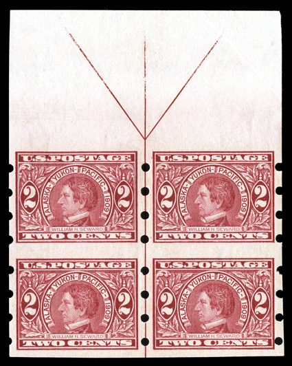371, 2c Alaska-Yukon imperforate, Brinkerhoff Ty. I perforations, an exceedingly rare full top margin arrow block of four, beautifully centered and very fresh, o.g., l.h.,
diagonal crease in the selvage only at upper right, otherwise extremely f