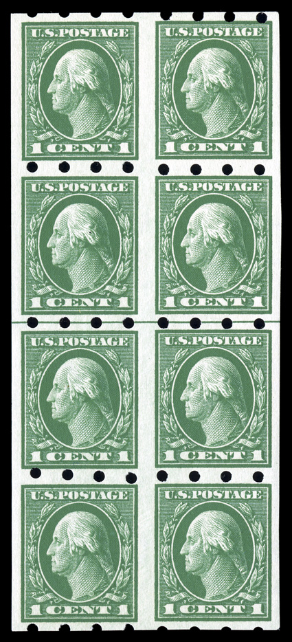 408, 1c Green imperforate, Brinkerhoff Ty. I perforations, pristine block of eight (4x2), with a horizontal guide line at center, well centered and margined, o.g., n.h., very
fine and rare.