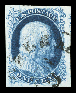 8, 1c Blue, Ty. III, a superb used example of this rare stamp, boasting incredibly large margins all around, showing a trace of the adjoining stamp at right, contributing
further to this stamps remarkable overall eye appeal is its spectacularly
