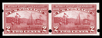 373, 2c Hudson-Fulton imperforate, Brinkerhoff Ty. II perforations, pristine pair, post office fresh and well centered, immaculate o.g., n.h., extremely fine.